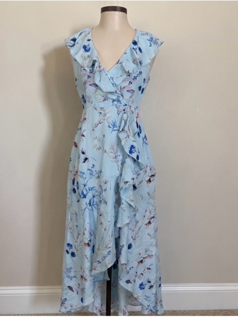 Banana Republic Light Blue Floral Ruffle Wrap High-Low Dress
